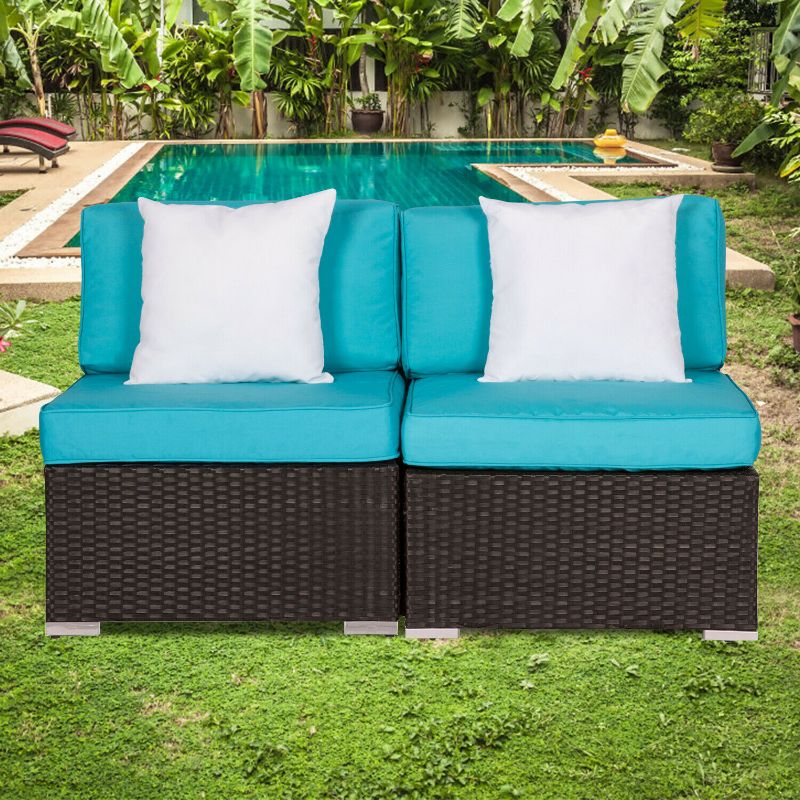 Photo 1 of 2 PC Wicker Rattan Outdoor Patio Sectional Sofa Armless Chair W/ 2 Pillows Blue
