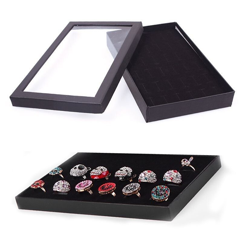 Photo 1 of 36 Slot Black Velvet Sponge Ring Display Box Cardboard Jewelry Storage Case Holder Showcase Ring Cufflink Jewelry Tray With Lid (2 piece)