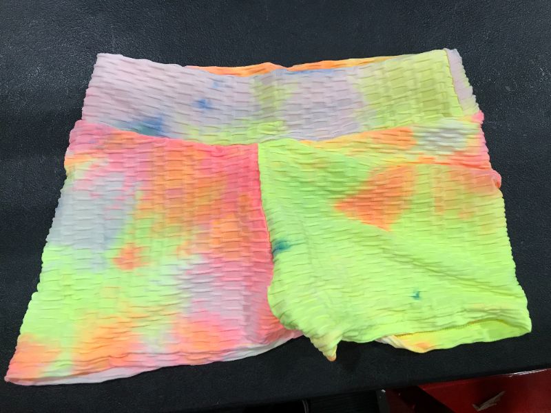 Photo 2 of  Women's High Waist Butt Lift Workout Shorts Tie Dyed Tummy Control Textured Yoga Sports Shorts Rainbow S