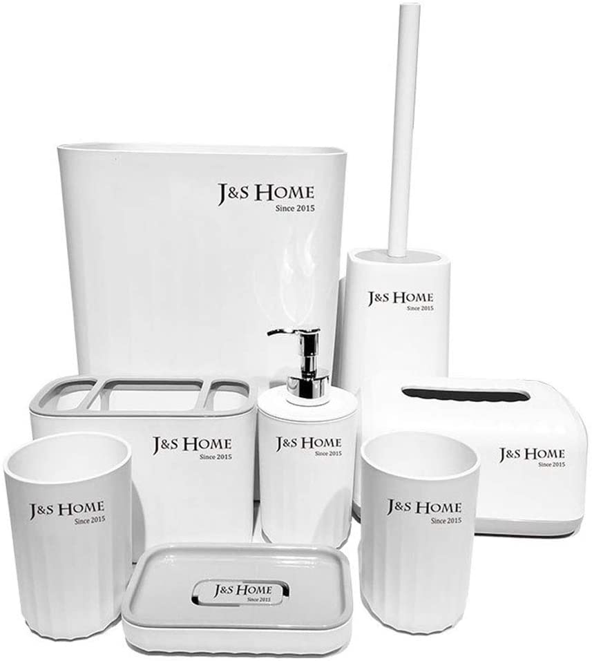 Photo 1 of Bathroom Accessories Set of 8 White Ensemble Bathroom Set, Toothbrush Holder, Soap Dish, Brush Holder, Tissue Box
