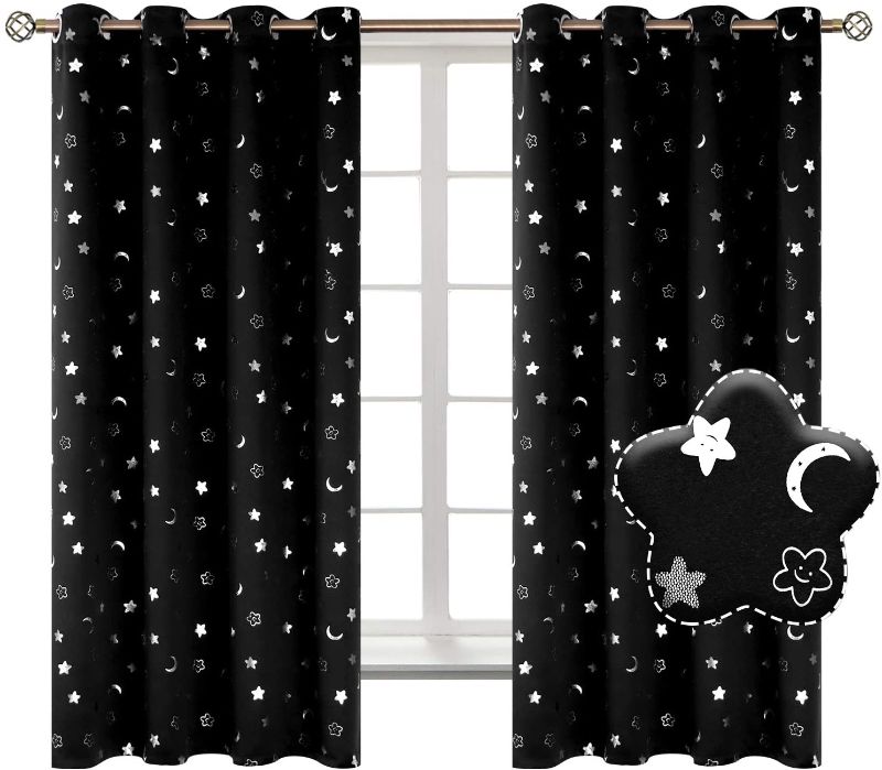 Photo 1 of BGment Moon and Stars Blackout Curtains for Kids Bedroom, Grommet Thermal Insulated Room Darkening Printed Curtains for Nursery, 2 Panels of 52 x 63 Inch, Black
