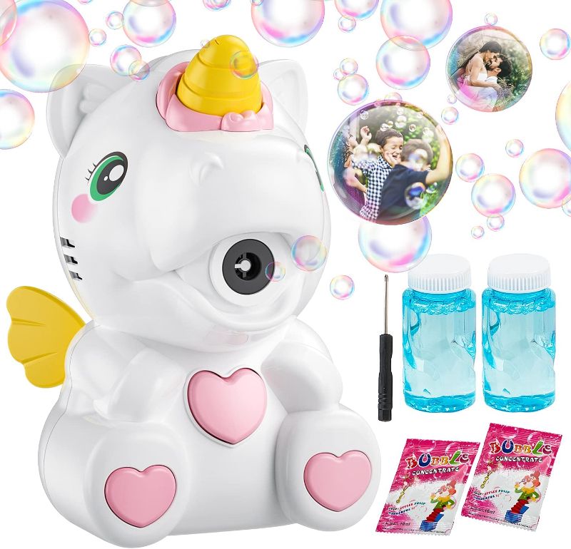 Photo 1 of Bubble Machine Auto Bubble Blower 1000+ Bubbles Per Minute, Unicorn Bubble Machine for Kids Toddlers Boys Girls Bath Toys Indoor Outdoor Bubble Maker Easy to Use 3 AA Batteries Needed
