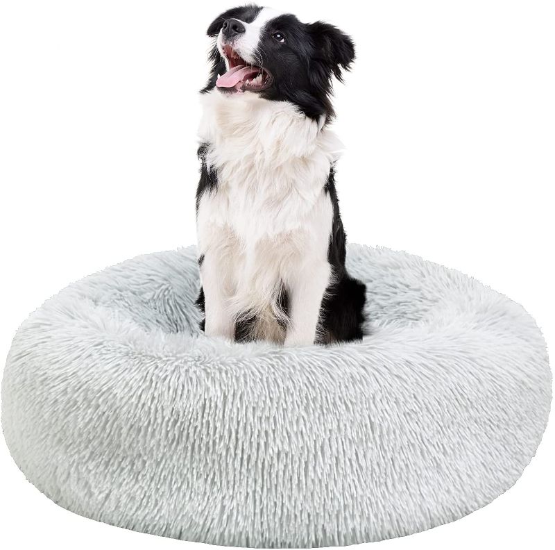 Photo 1 of BEDELITE Dog Bed Cat Bed - Round Dog Bed in Soft Faux Fur Pet Bed, Donut Calming Dog Bed & Cat Bed for Small Medium Dog & Cat 20/23/30 Inches Fit up to 15/25/45LBS (Grey, Blue, Brown) Washable
