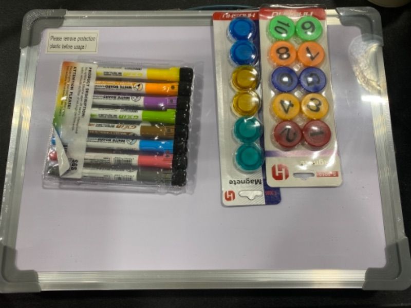 Photo 2 of 12" X 16" Small Dry Erase White Board, Double Sided Magnetic Dry Erase Board with Holder and 10 Digital Magnets Beads , 8 Pens, 6 Magnets & 1 Eraser Foldable Desktop Whiteboard for School Home Office
