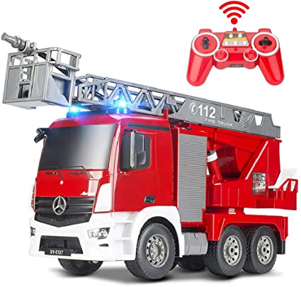 Photo 1 of DOUBLE E Benz Licensed Remote Control Fire Truck Shoots Water Extendable 18 Inch Rescue Ladder 10 Channel Fire Engine Working Sounds Lights RC Trucks for Kids
