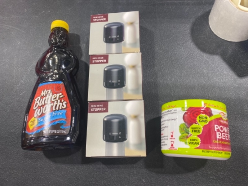 Photo 1 of Box lot - kitchen items and material 
power beat exp : 07/2024
mrs.butterworth exp: july19,2022