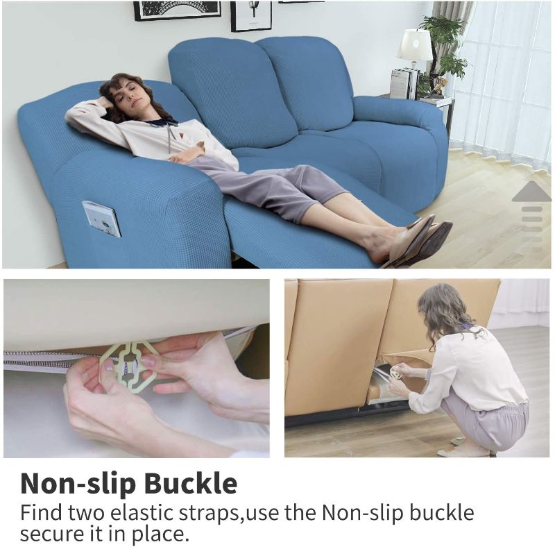 Photo 1 of Easy-Going 8 Pieces Recliner Sofa Stretch Sofa Slipcover Sofa Cover Furniture Protector Couch Soft with Elastic Bottom Kids, Spandex Jacquard Fabric Small Checks Light Blue
