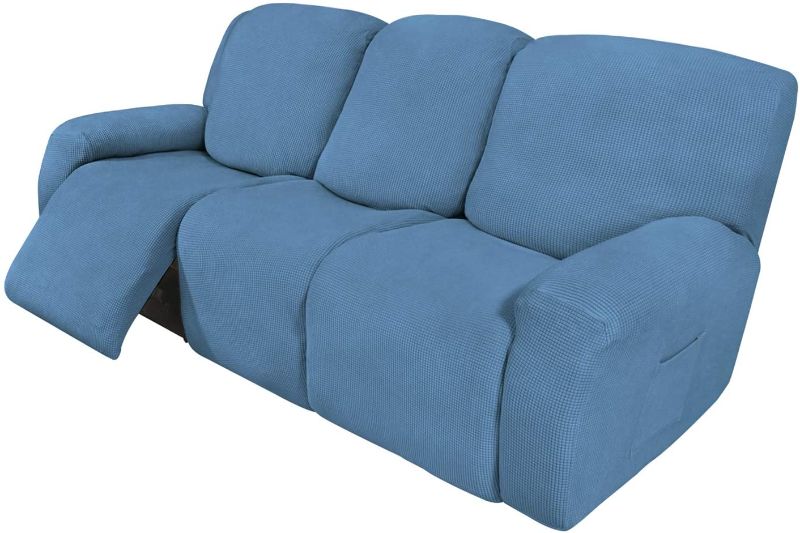 Photo 1 of Easy-Going 8 Pieces Recliner Sofa Stretch Sofa Slipcover Sofa Cover Furniture Protector Couch Soft with Elastic Bottom Kids, Spandex Jacquard Fabric Small Checks Light Blue
