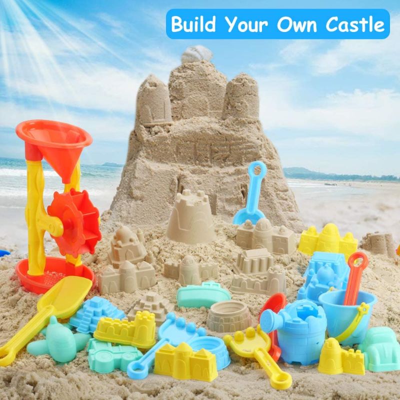 Photo 1 of Qutasivary 22pcs Beach Sand Toys Set for Kids with Assembled Sand Water Wheel, Beach Bucket, Watering Can, Shovel Tool Kits and Castle Models&Molds in A Mesh Bag for Toddlers Baby Boys and Girls
