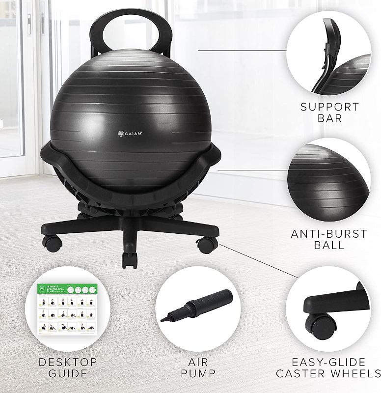 Photo 3 of Gaiam Ultimate Balance Ball Chair (Standard or Swivel Base Option) - Premium Exercise Stability Yoga Ball Ergonomic Chair for Home and Office Desk - 52cm Anti-Burst Ball, Air Pump, Exercise Guide
