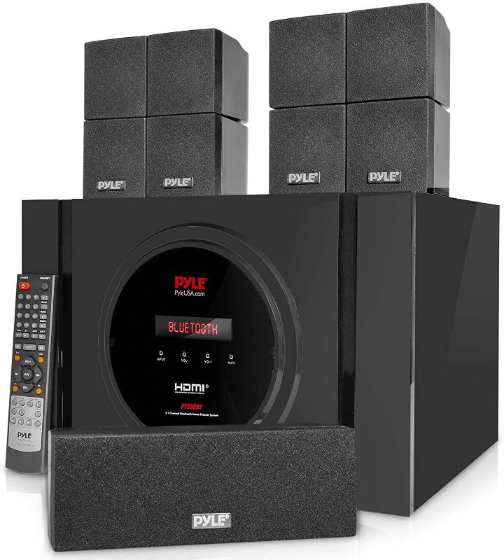 Photo 1 of Pyle 5.1 Channel Home Theater Speaker System - 300W Bluetooth Surround Sound Audio Stereo Power Receiver Box Set w/ Built-in Subwoofer, 5 Speakers, Remote, FM Radio, RCA - PT589BT,Black
