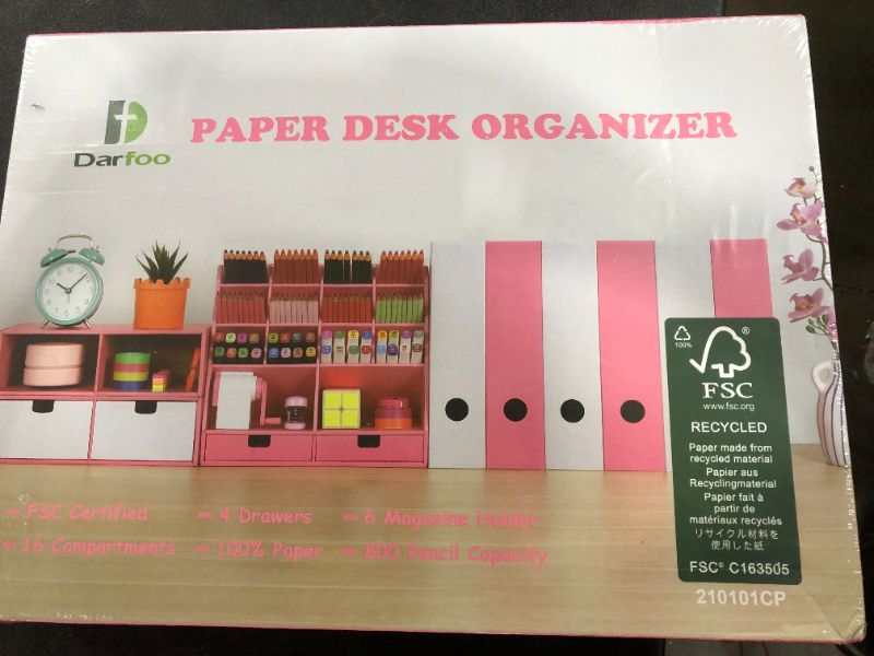 Photo 2 of Kawaii Desk Organizer Storage Accessories - Cute Pencil Pen Holder for Desk with 14 Compartments+2 Drawers, Full FSC Certified Cardboard Body, DIY Project, Pink
