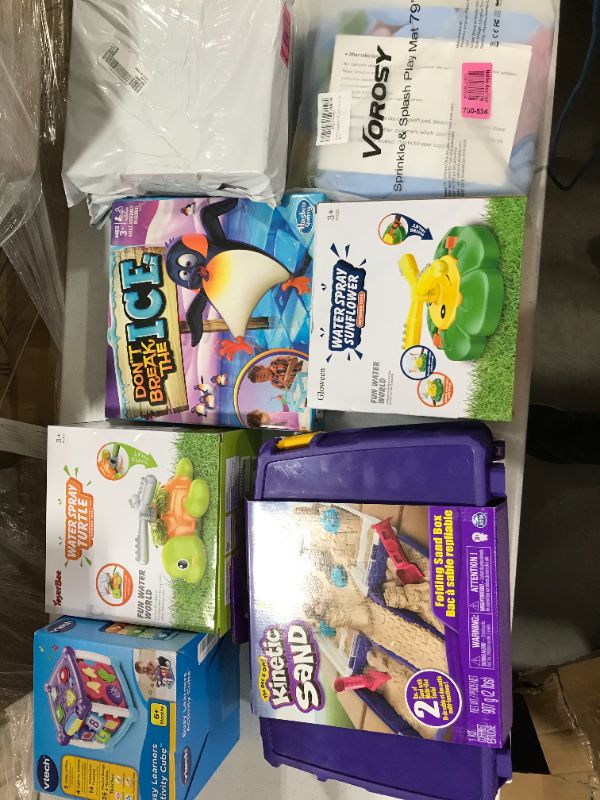 Photo 1 of Box Lot of 7 Kids Toys and Related Items Including Kinetic Sand, Board Game, Outdoor Sprinkler, and Puzzles