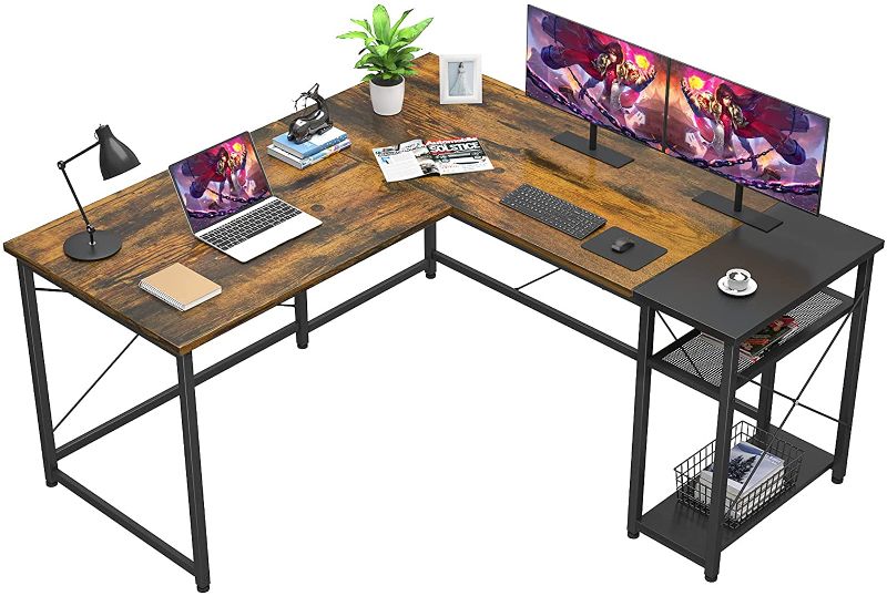 Photo 1 of Foxemart L-Shaped Computer Desk, Industrial Corner Desk Writing Study Table with Storage Shelves, Space-Saving, Large Gaming Desk 2 Person Table for Home Office Workstation, Rustic Brown/Black
