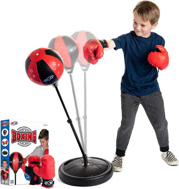 Photo 1 of NSG Punching Bag and Boxing Gloves Set for Kids - Freestanding Base Punching Ball with Spring Loaded Height Adjustable Stand, Junior Boxing Gloves, and Hand Pump - Ages 3+ , Red/Black
