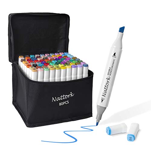 Photo 1 of Nattork 80 Colors Alcohol Markers,Brush Markers for Artists,Dual Tip Drawing Markers for Adult Coloring Illustration with Marker Case,Bonus 1 Colorless Pen+1 Hook Line Pen
