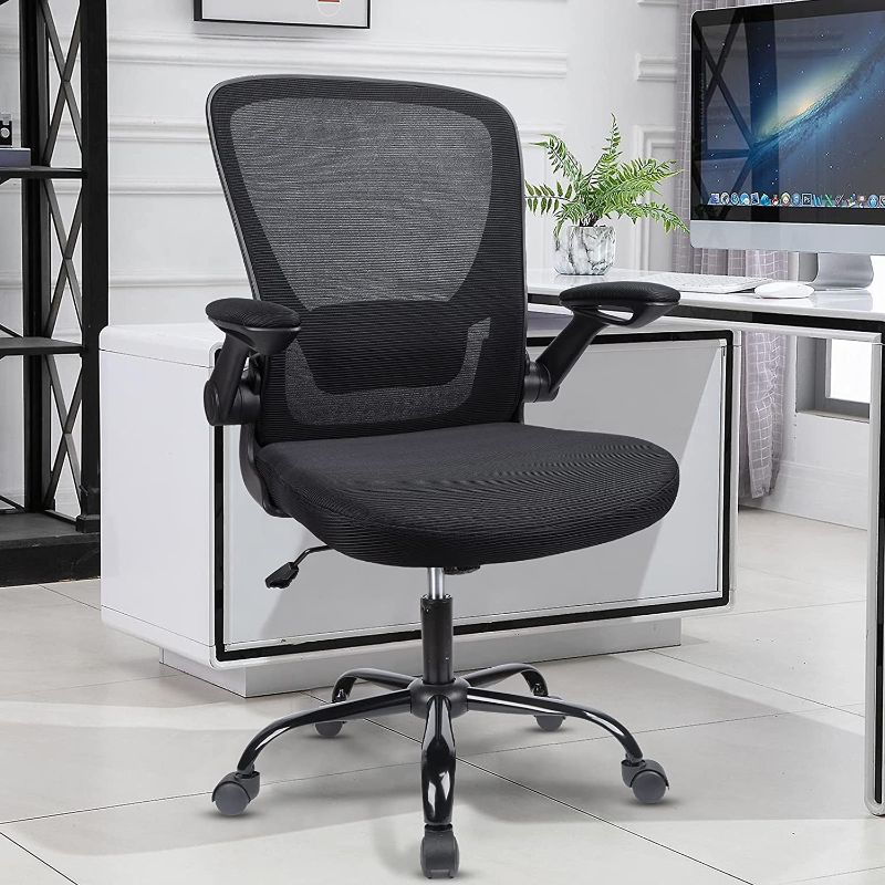 Photo 1 of Komene Home Office Chair, Ergonomic Desk Chairs, Adjustable Computer Chair with Flip Up Armrests and Lumbar Support, Thicken Seat Cushion Task Chair (Black)
