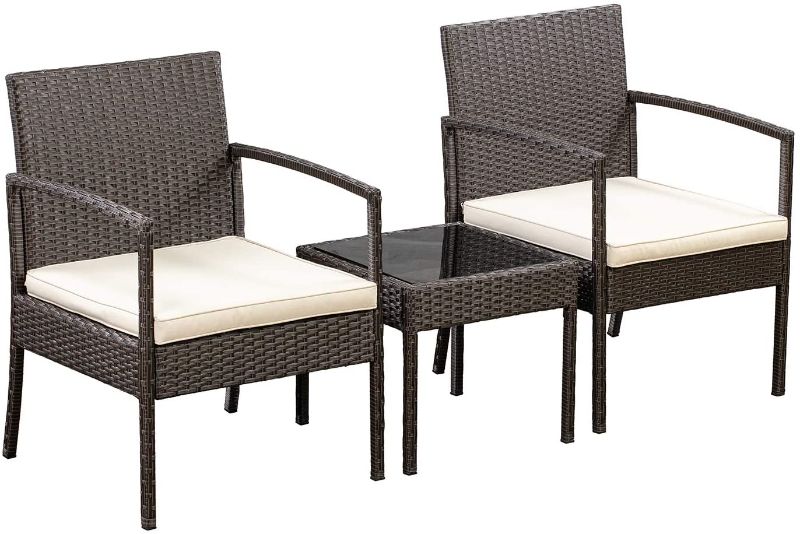 Photo 1 of Amazon Basics Outdoor Patio Garden Faux Wicker Rattan Chair Conversation Set with Cushion - 3-Piece Set, Brown
