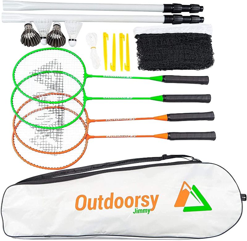 Photo 1 of OutdoorsyJimmy Complete Badminton Set for Backyards - Premium Set Includes Badminton Rackets Set of 4, Portable Badminton Net with Expandable Poles, 4 Birdies/Shuttlecocks & Storage Travel Bag
