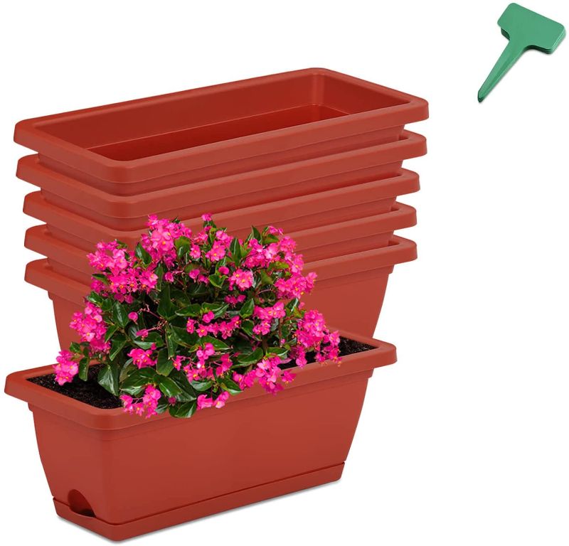 Photo 1 of CEED4U 17 Inches 6 Packs Brick Red Window Box Rectangular Flower Vegetable Planter Boxes Plastic Flower Pot with 15 Pcs Plant Labels, Plant Container with Saucer for Windowsill, Patio, Home Décor