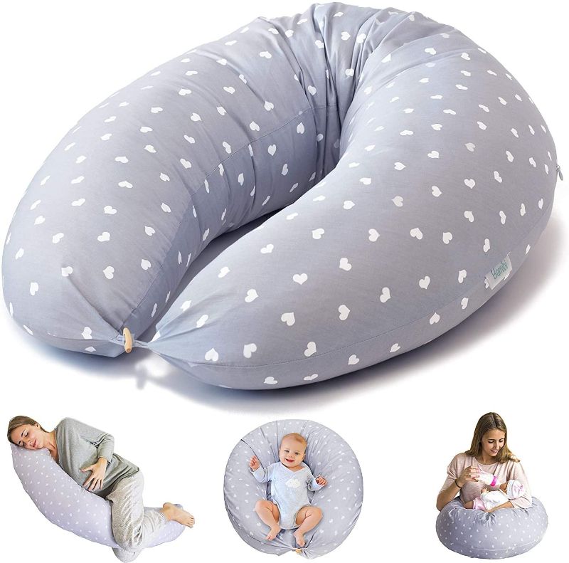 Photo 1 of Bamibi® Pregnancy Pillow and Nursing Pillow – Multifunctional Full Body Support Maternity Pillow for Sleeping and Breastfeeding Baby with Removable 100% Cotton Cover Plus Inner Cushion (Grey – Hearts)
