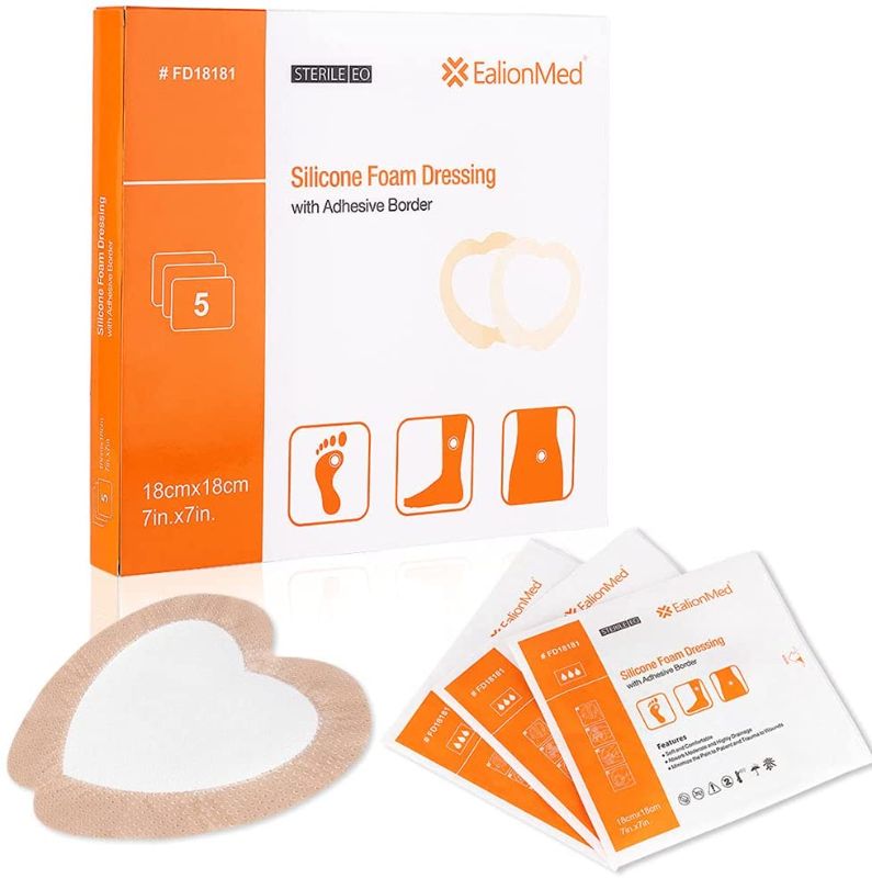 Photo 1 of Sacral Silicone Foam Dressing with Border for Sacrum Ulcer, Pressure Ulcer, Butt Bed Sore, Size 7''x7''(4.9''x5.3'' Pad), Painless Removal High Absorbency, Bedsore Wound Bandage,5 Pack
