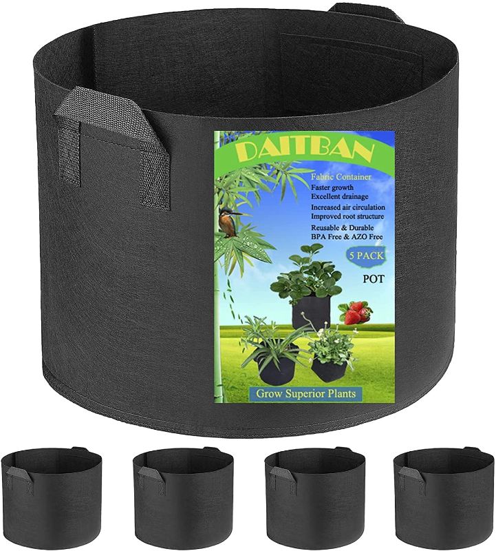 Photo 1 of DAITBAN Plant Grow Bags 5-Pack 10 Gallon Heavy Duty Aeration Fabric Pots Thickened Nonwoven with Strap Handles for Garden and Planting Vegetable Flower
