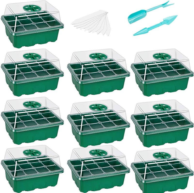 Photo 1 of 10 Packs Seed Starter Tray Seedling Tray (12 Cells per Tray) Humidity Adjustable Plant Starter Kit with Dome and Base Greenhouse Grow Trays for Seeds Growing Starting
