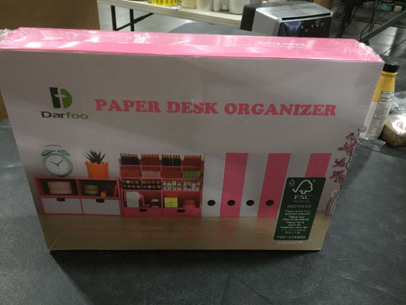 Photo 2 of Pink Desk Organizer and Accessories with 4 Drawers & 16 Compartments Twice Capacity - Art Supply Organizer for Home, School, Office Supplies, FSC Certified Cardboard, DIY Project, Easy Assembly
