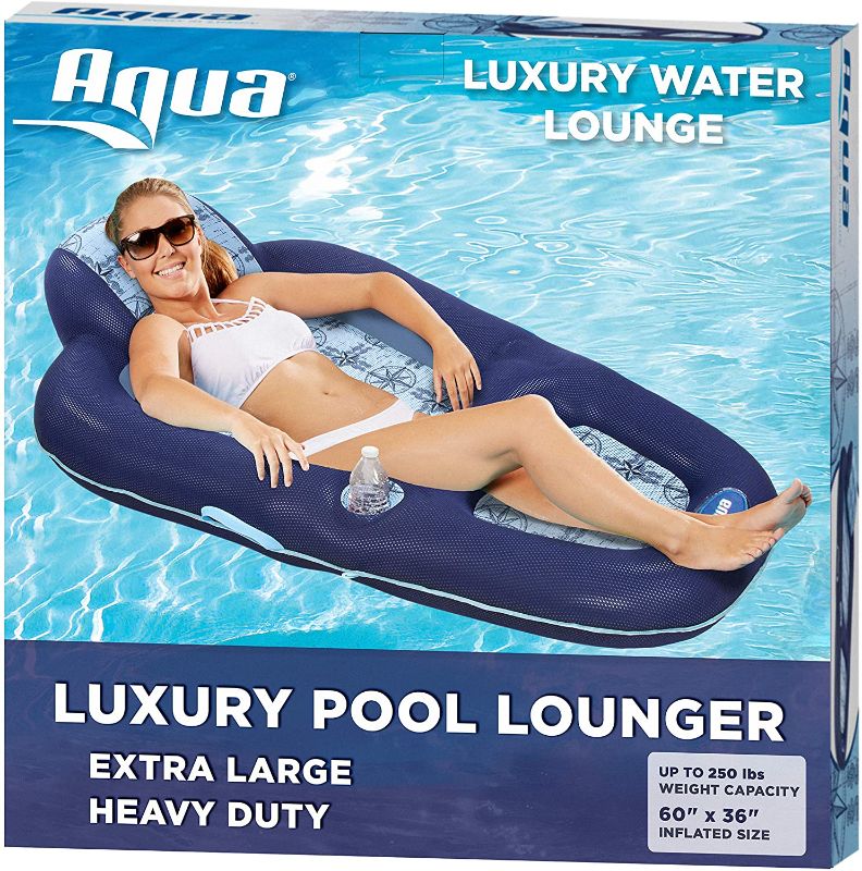 Photo 1 of Aqua Luxury Water Lounge, X-Large, Inflatable Pool Float with Headrest, Backrest & Footrest, Navy/Light Blue
