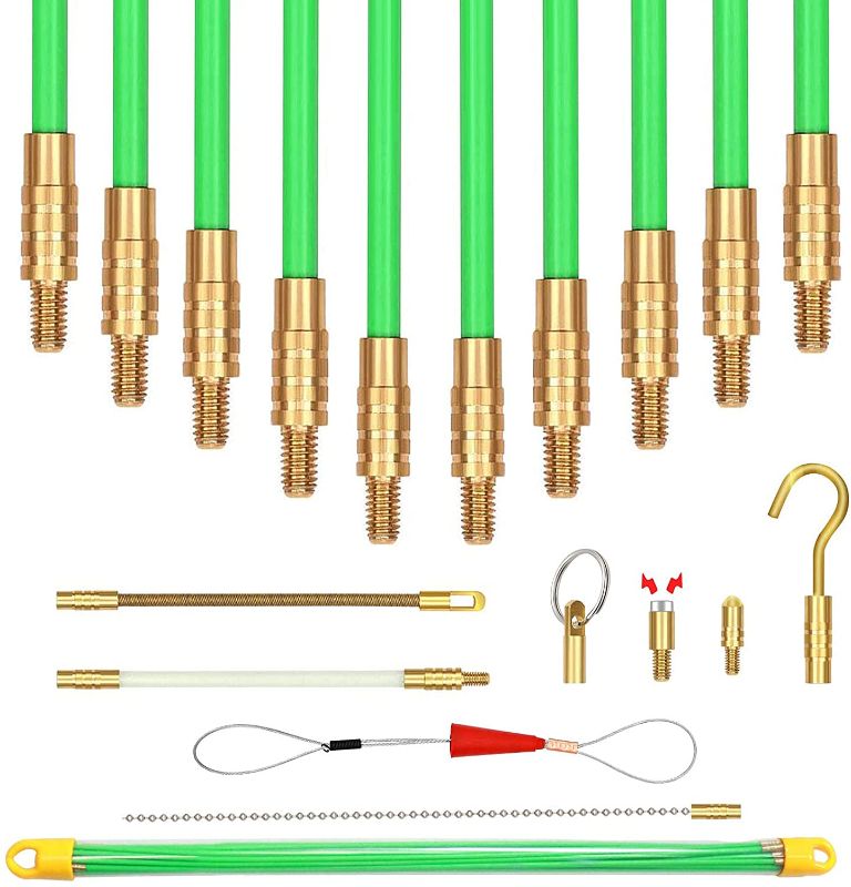 Photo 1 of 33 Ft Fiberglass Cable Wire Running Pull Push Kit Coaxial Electrical Connectable Fish Tape Fiberglass Cable Rods With Hook And Hole Kit In Transparent Tube Green
