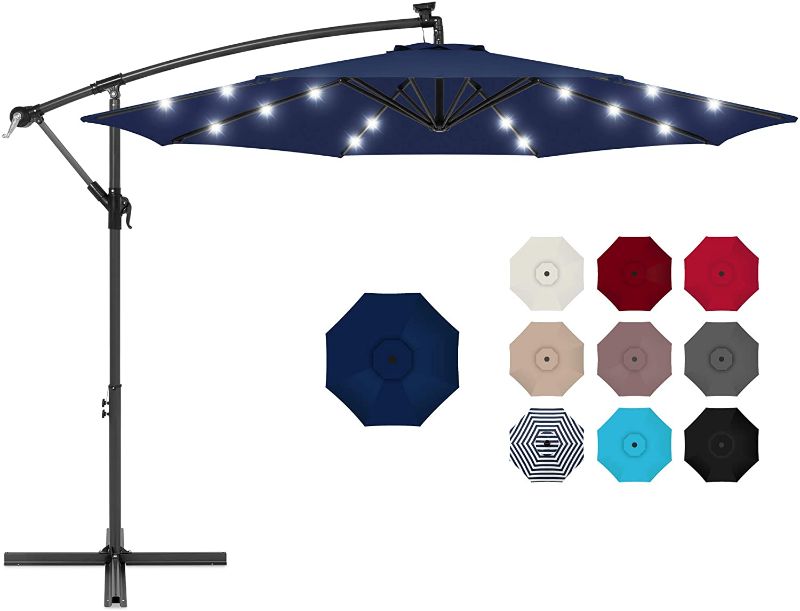 Photo 1 of Best Choice Products 10ft Solar LED Offset Hanging Market Patio Umbrella for Backyard, Poolside, Lawn and Garden w/Easy Tilt Adjustment, Polyester Shade, 8 Ribs - Navy Blue

