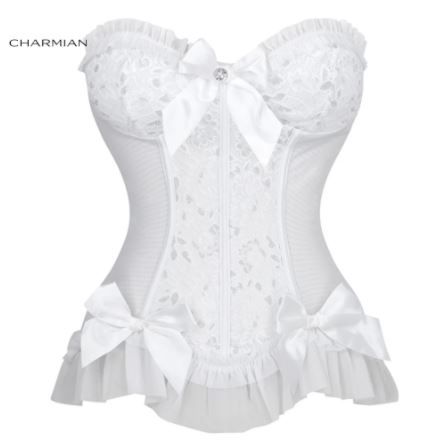 Photo 1 of Charmian Women's Sexy Strapless Plastic Bone White Jacquard Bride Bowknot and Ruffle Overbust Corset LARGE
