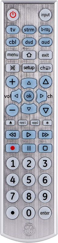 Photo 1 of GE Big Button Backlit Universal Remote Control for Samsung, Vizio, Lg, Sony, Sharp, Roku, Apple TV, TCL, Panasonic, Smart TVs, Streaming Players, Blu-Ray, DVD, 6-Device, Silver, 33712
