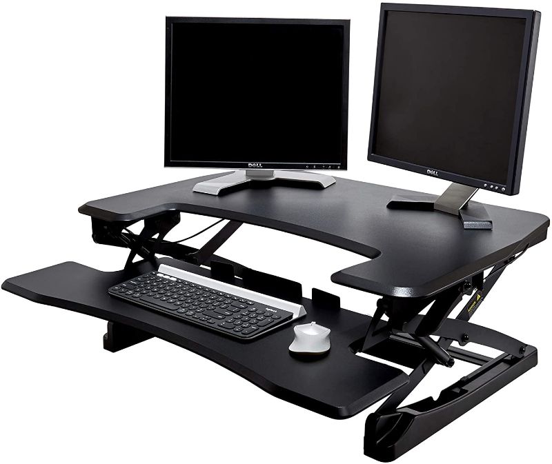 Photo 1 of Seville Classics Airlift Height Adjustable Sit Converter Workstation Standing Ergonomic Dual Monitor Riser Keyboard Tray & Phone/Tablet Holder, Cut-Out (36"), Black
