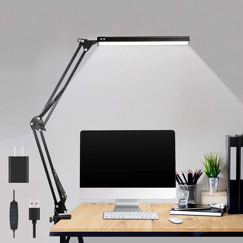 Photo 1 of LED Desk Lamp,ibaye Adjustable Metal Swing Arm Desk Lamp with Clamp,Eye-Caring Architect Desk Light,3 Color Modes 10 Brightness Levels,Memory Function Desk Lamps for Home Office,14W-Black
