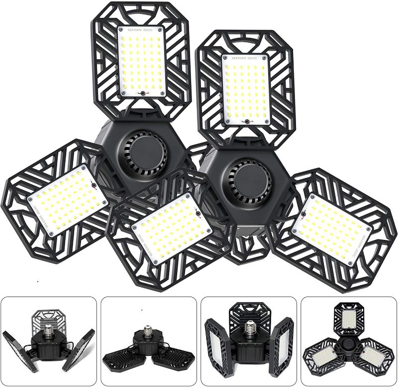 Photo 1 of Garage Lights 60W, E26/E27 Three-Leaf Garage Ceiling Light Fixtures, LED Shop Light with Adjustable Multi-Position Panels, Triple Glow Light for Garage, Workshop - 6000K 6000LM (2 Packs)
