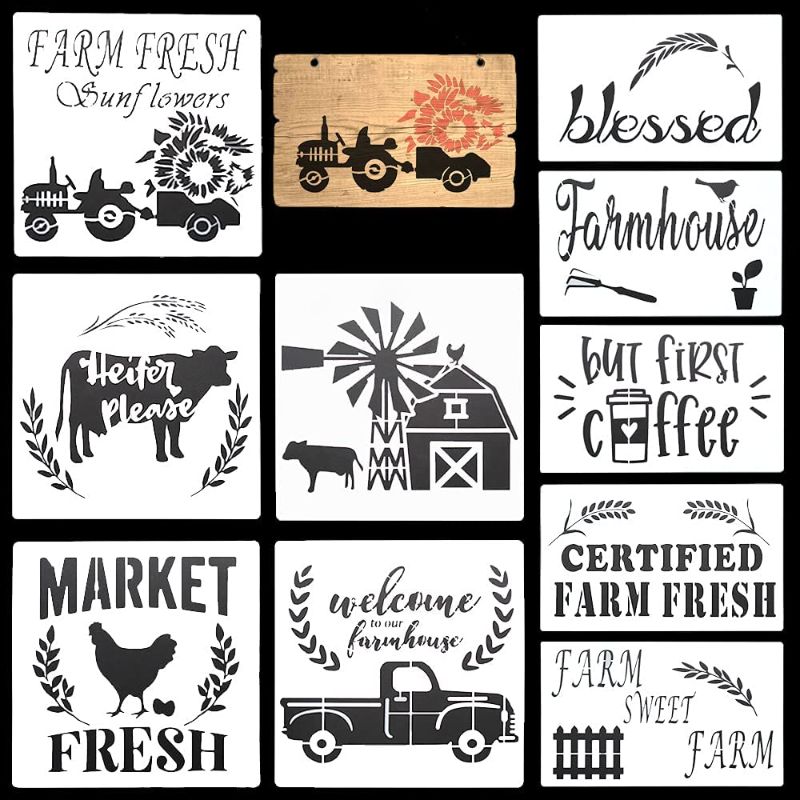 Photo 1 of 10Pcs Farmhouse Stencils, Reusable Farm Stencils, Farm Theme Painting Stencils for Painting on Wood DIY Decor (White), SOME DESIGNS DIFFER FROM STOCK PHOTO
