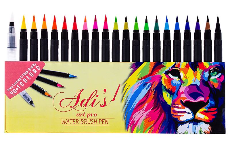 Photo 1 of Adis Art Pro Watercolor Brush Pen Marker 20 Set & 1 Refillable Water Pen Fine & Flexible Tips ErgoLock Caps Vibrant &Bold Colors For Drawing Calligraphy Sketching