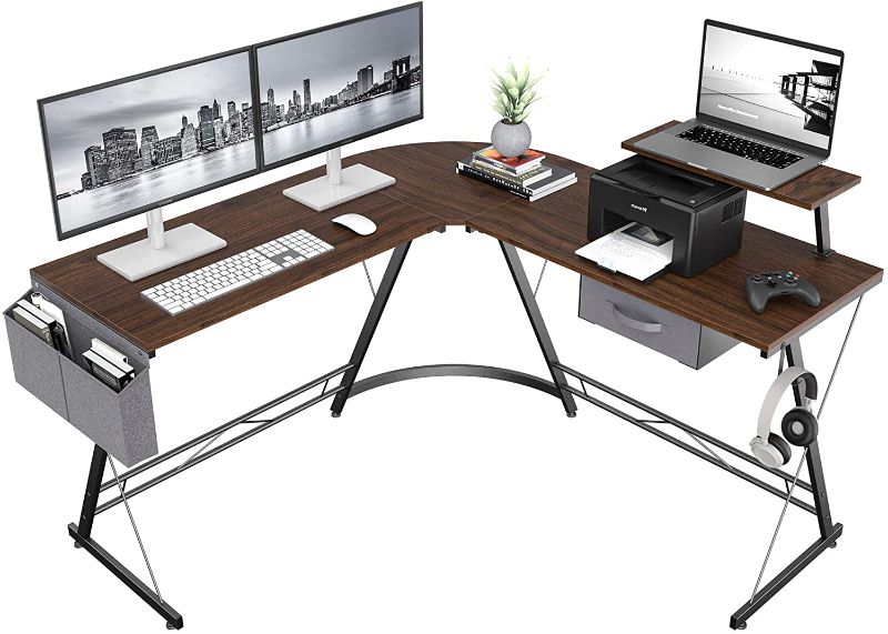 Photo 1 of L Shaped Desk with Drawer- Aludest 50.8" Modern Computer Corner Desk Gaming Desk with Storage Bag PC Table with Monitor Stand, Home Office Writing Workstation with Small Table, Space Saving, BLACK, COLOR DIFFERS FROM STOCK IMAGE
