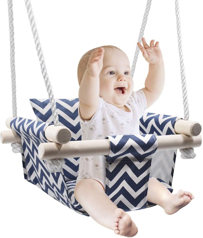 Photo 1 of Safe Baby Swing Seat, Wooden Canvas Swing with Cushion and Polyethylene Ropes, Indoor / Outdoor Infant Baby Hammock Chair
