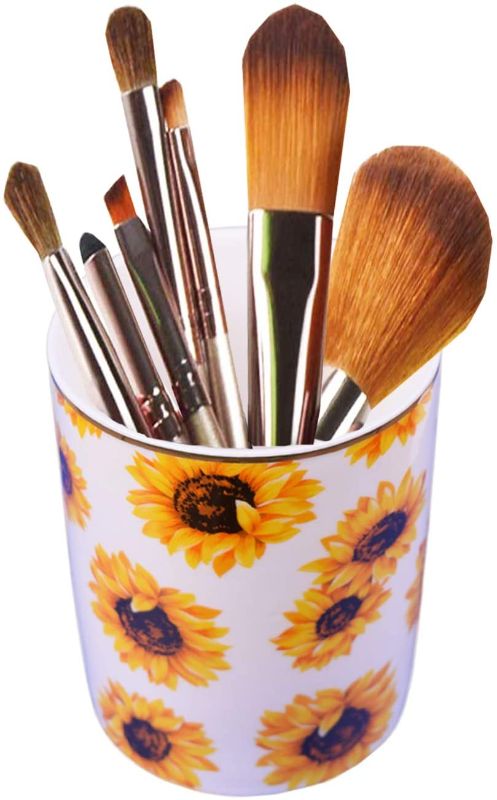 Photo 1 of Pen Holder,Marble Pattern Pencil Cup,Makeup Brush Holder,Ceramic Pen Holder Stand,for Girls Kids Durable Ceramic Desk Organizer Makeup Brush Holder Ideal Gift for Office,Classroom,Home (Sunflower)
