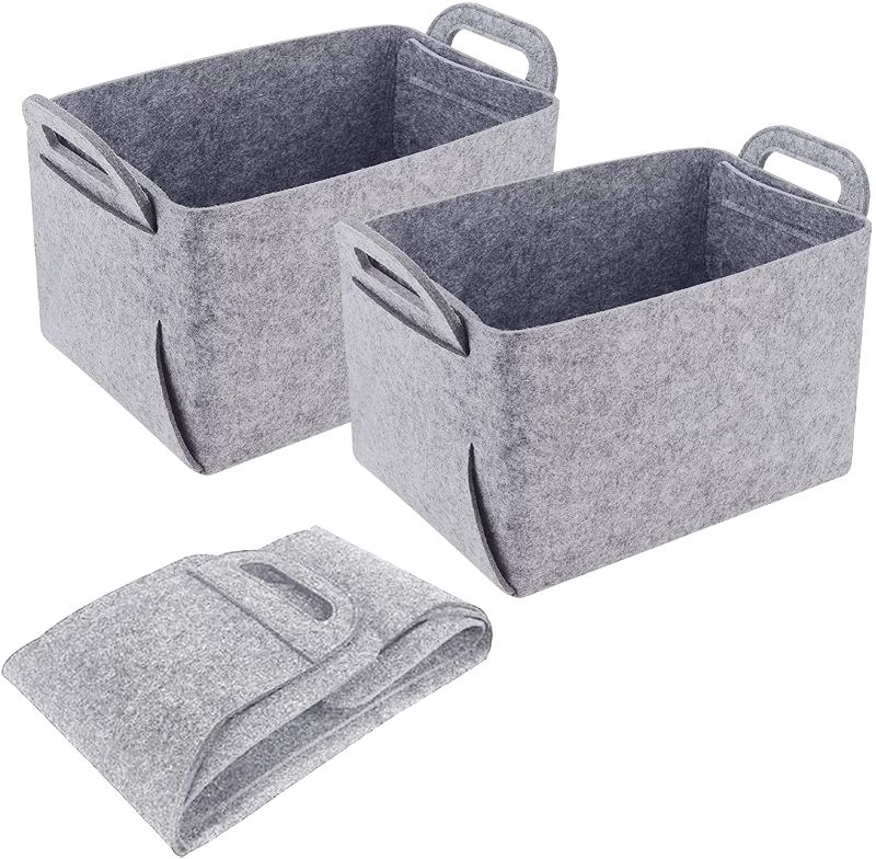 Photo 1 of Felt Storage Basket Storage Bin, 3 Pack Foldable Fabric Felt Storage Basket Set Storage Bins Open Storage Boxes Shelf Baskets with Handles for Laundry, Bathroom, Office, Closet, Nursery (Light Grey)
