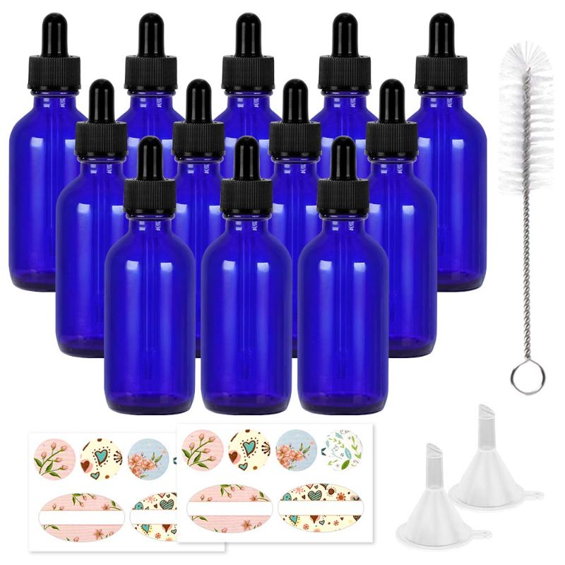 Photo 1 of 12 Pack 30 ml 1 oz Blue Glass Bottles with Glass Droppers and Black cap.Glass Dropper Bottles for Essential Oils,Lab Chemicals,Colognes,Perfumes.Included 1 Brush,2 Funnels and 24 Labels.
