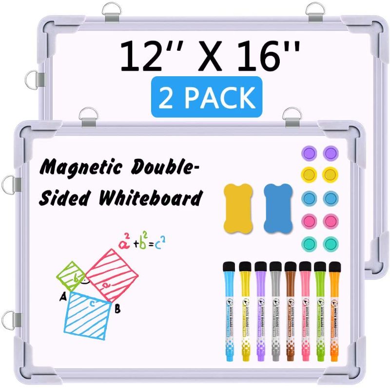 Photo 1 of 2 Pack Small Dry Erase White Boards 12 x 16 Inch Magnetic Double Sided Wall Board - 8 Dry Erase Markers, 10 Magnets, 2 Erasers, Mini Portable Easel Board for Kids Home School Office
