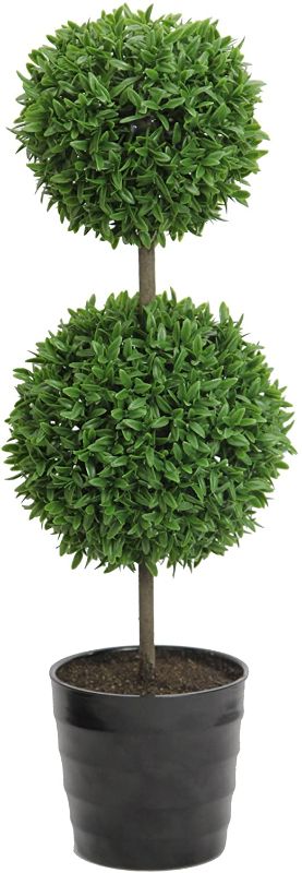 Photo 1 of Admired By Nature GTR7681-GREEN 18" Tall Artificial Tabletop English Boxwood Double Ball Shaped Topiary Plant in Plastic Pot, Green, Single Pack
