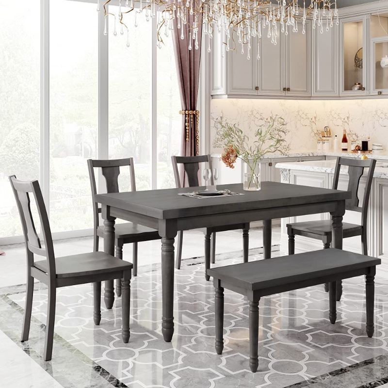 Photo 1 of 6PCS/Set Classic Dining Set Wooden Table and 4 Chairs with Bench for Kitchen Dining Room, Gray Simple Style Dining Table, BOX 1 OF SET, MISSING OTHER BOX, INCLUDES 4 CHAIRS AND TABLE
