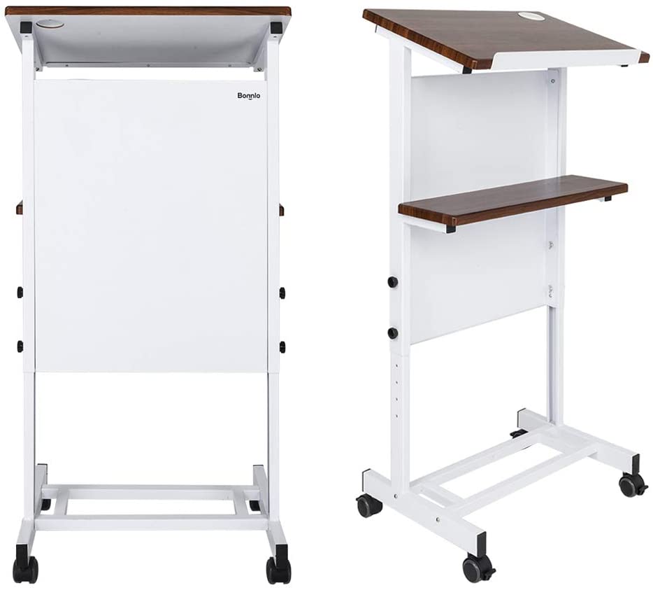 Photo 1 of Bonnlo Mobile Stand Up Lectern Height Adjustable Podium with Wheels, Portable Heavy Duty Desk, Church Pulpit or Ceremony, Classroom Lecture Speech Teach Platform, Walnut Tabletop and White Steel Frame
