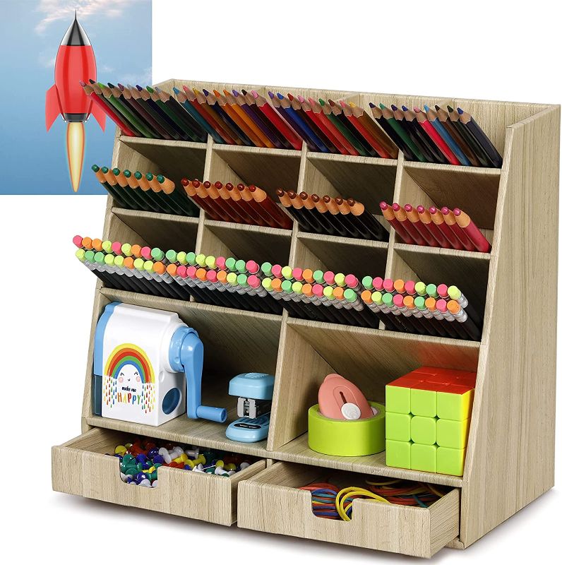 Photo 1 of Cute Desk Pencil Holder, 14 Compartment 2 Drawer Desk Pencil Organizer, Holds 800+ Pencils, FSC Certified Cardboard Body, DIY Project, Maple
