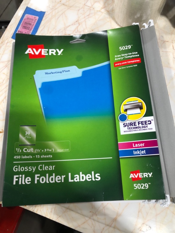 Photo 1 of Avery 5029 Clear Self-Adhesive Filing Labels, 3-7/16 x 2/3, 15 sheets, 450 Labels
